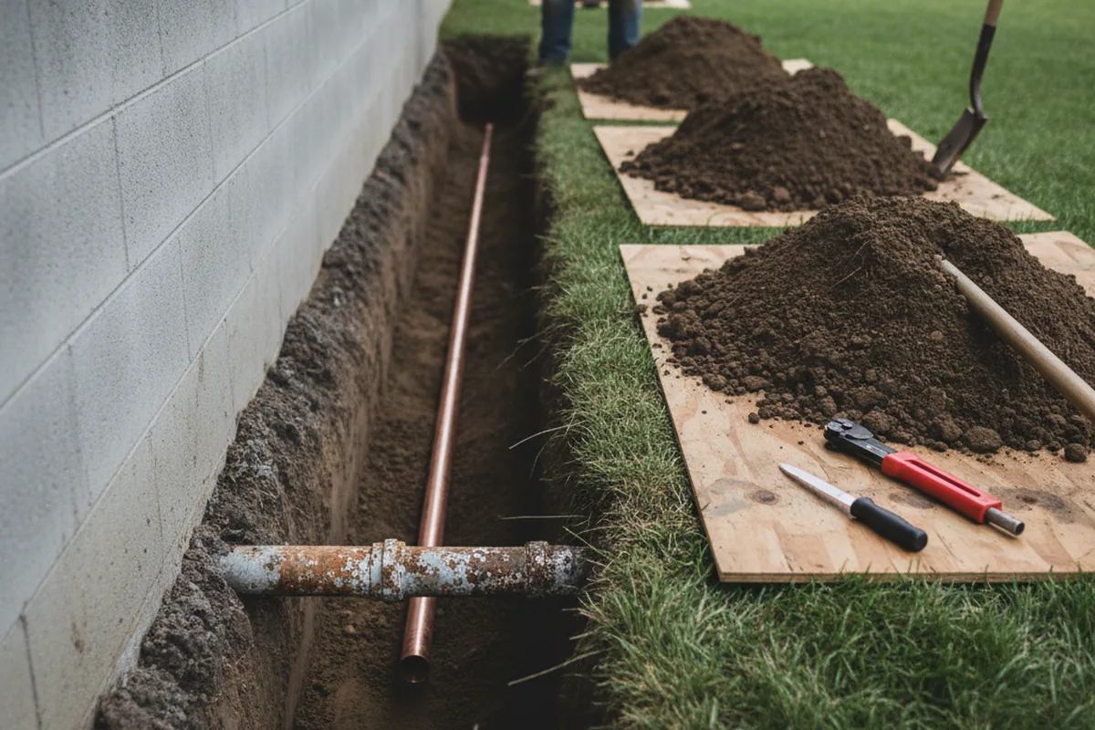 Excavated water line trench during Water Heater Repair in Tavares